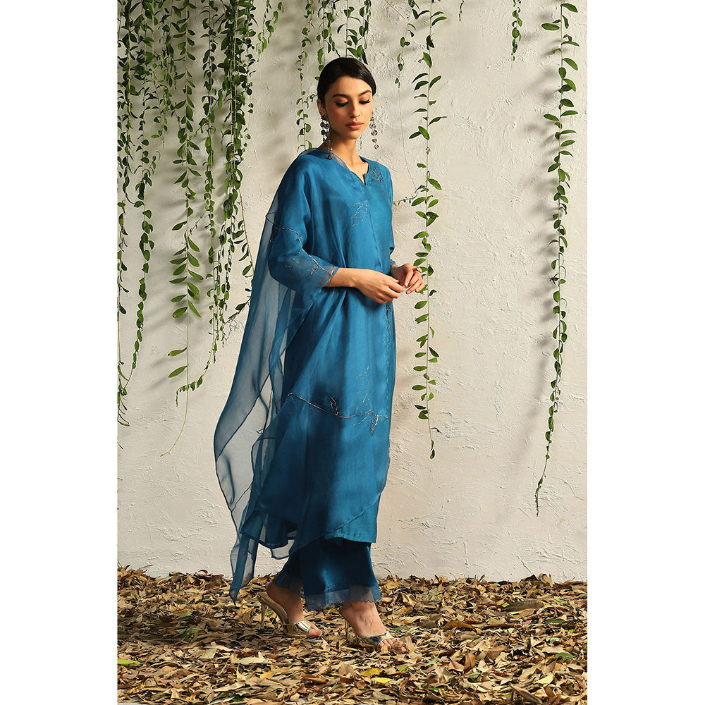 Charkhee Teal Side Gathered Kurta with Pants and Dupatta (Set of 3)