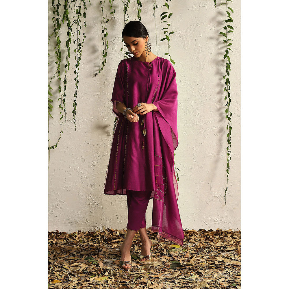 Charkhee Purple Chanderi Tie-Up Kurta with Pants and Dupatta (Set of 3)