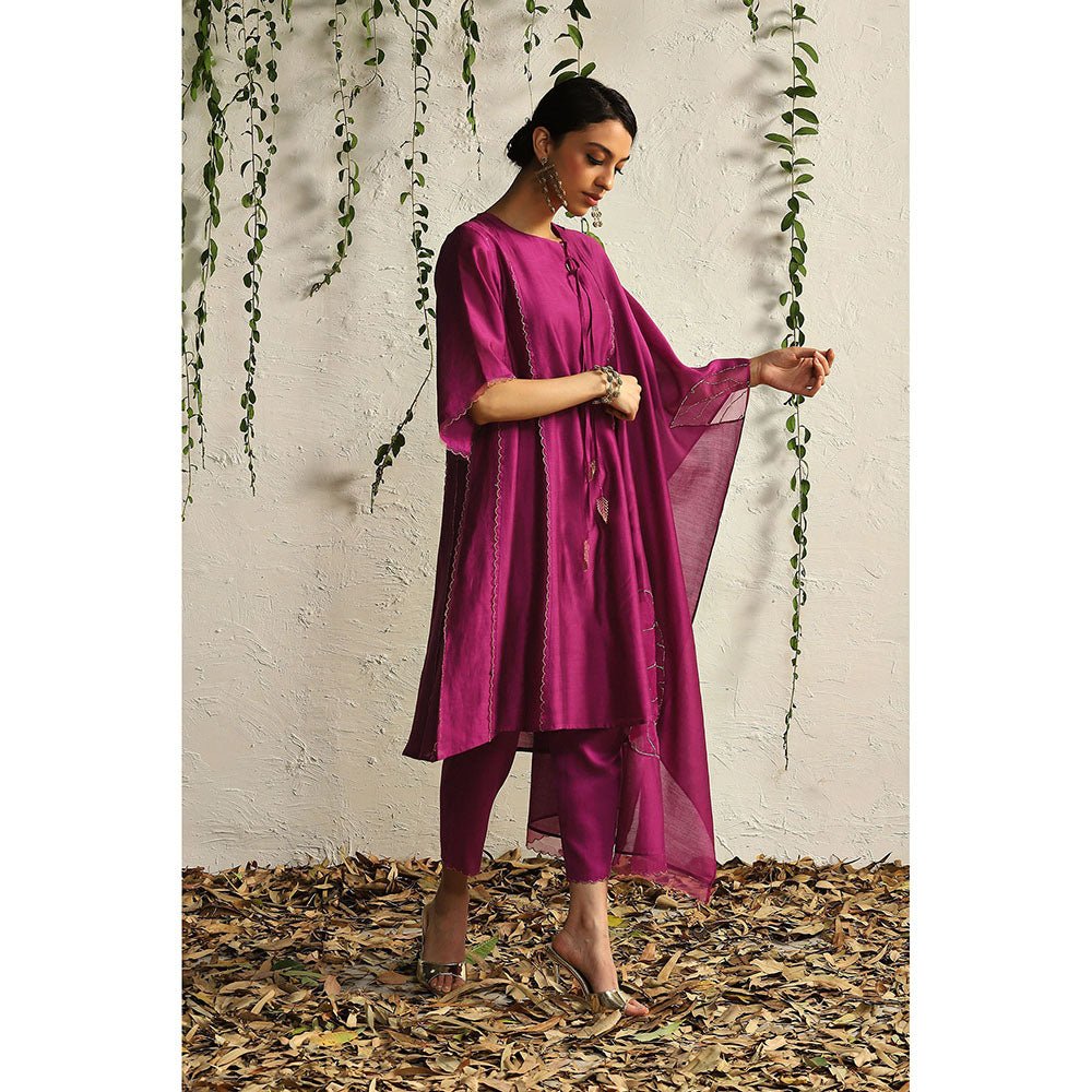 Charkhee Purple Chanderi Tie-Up Kurta with Pants and Dupatta (Set of 3)