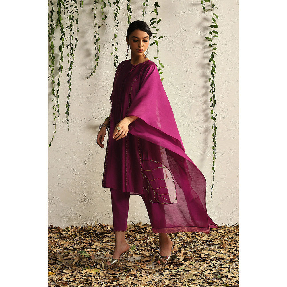 Charkhee Purple Chanderi Tie-Up Kurta with Pants and Dupatta (Set of 3)