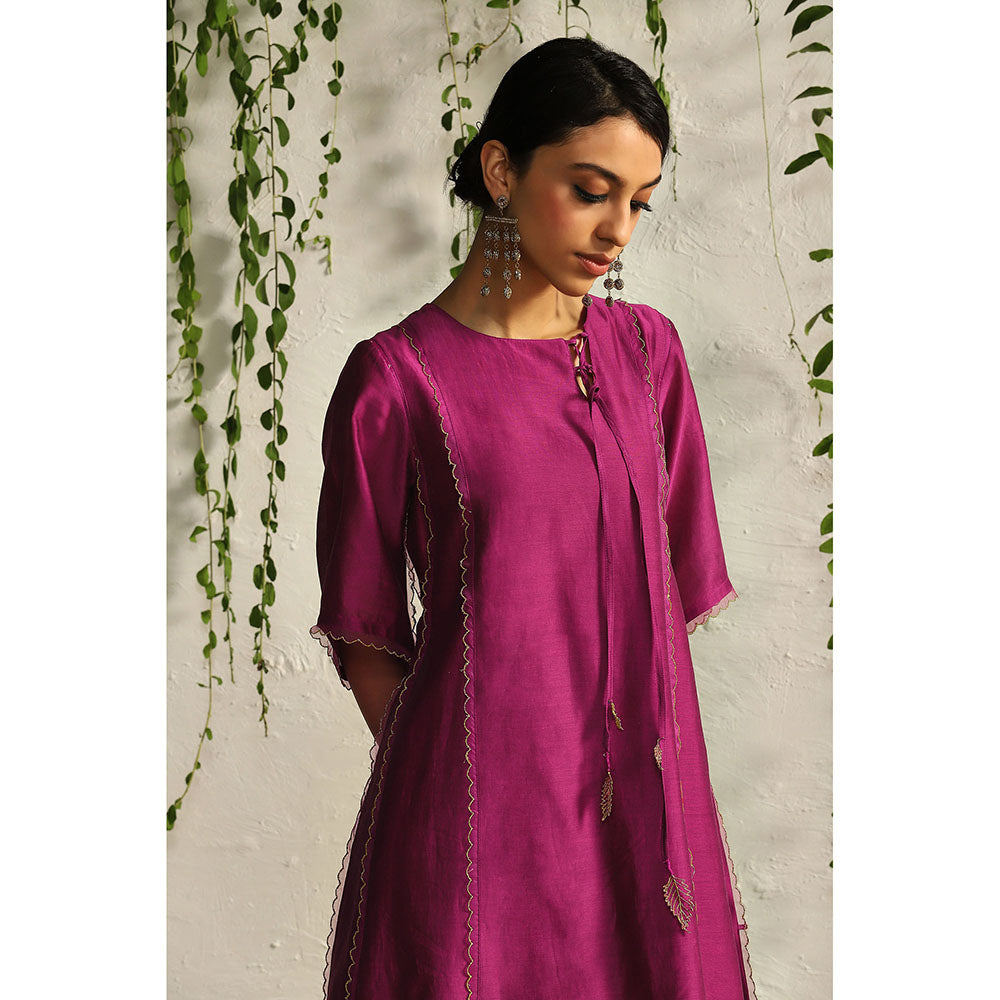 Charkhee Purple Chanderi Tie-Up Kurta with Pants and Dupatta (Set of 3)