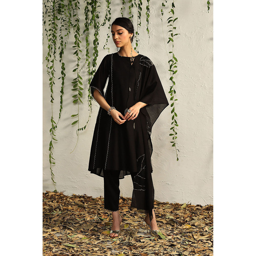 Charkhee Black Chanderi Tie-Up Kurta with Pants and Dupatta (Set of 3)