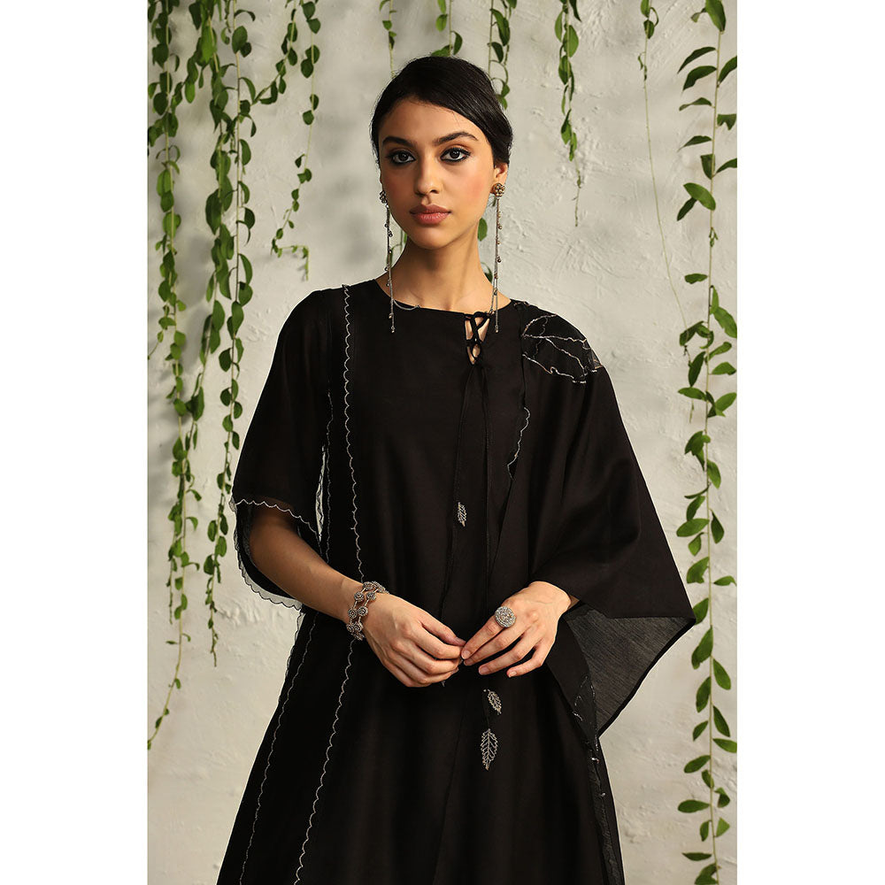 Charkhee Black Chanderi Tie-Up Kurta with Pants and Dupatta (Set of 3)