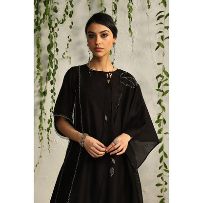 Charkhee Black Chanderi Tie-Up Kurta with Pants and Dupatta (Set of 3)