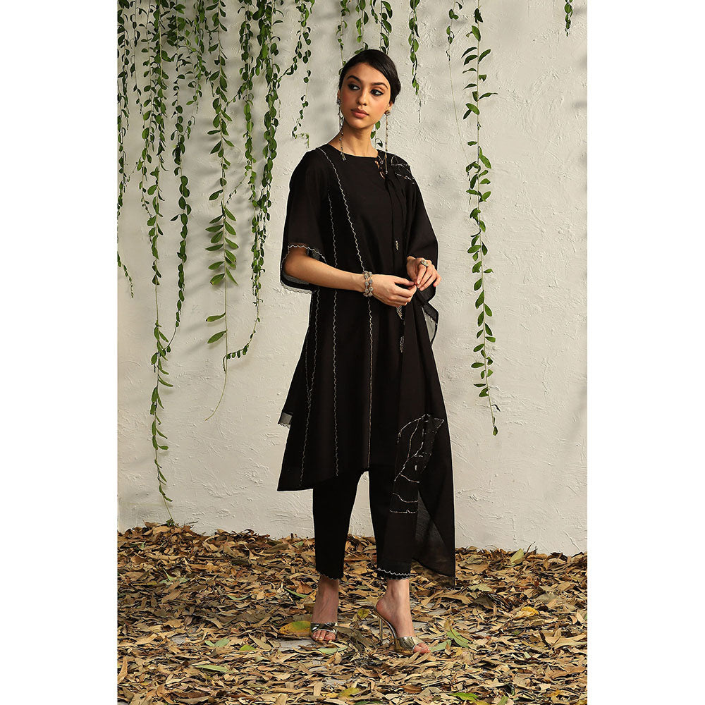 Charkhee Black Chanderi Tie-Up Kurta with Pants and Dupatta (Set of 3)