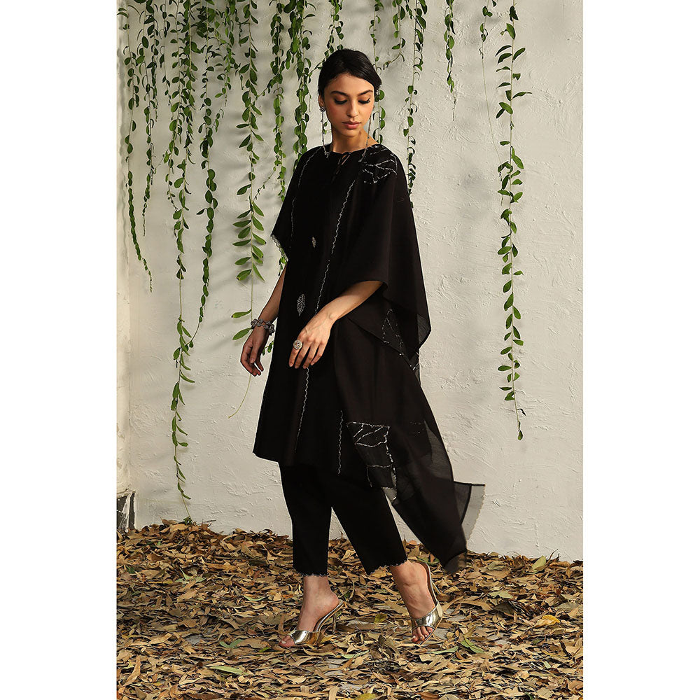 Charkhee Black Chanderi Tie-Up Kurta with Pants and Dupatta (Set of 3)