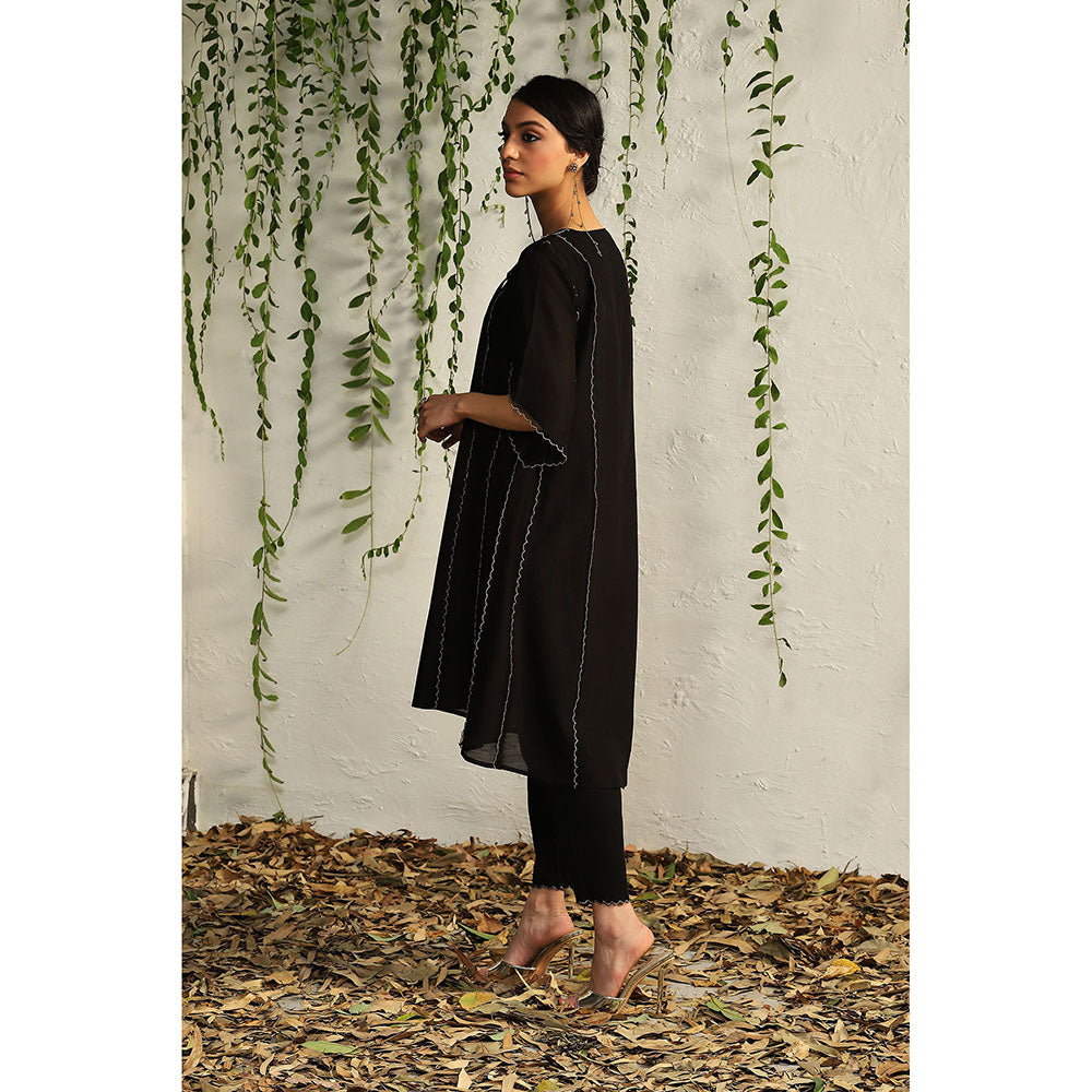 Charkhee Black Chanderi Tie-Up Kurta with Pants and Dupatta (Set of 3)