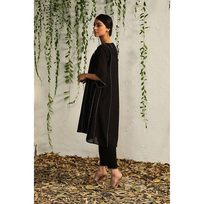 Charkhee Black Chanderi Tie-Up Kurta with Pants and Dupatta (Set of 3)