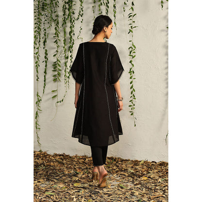 Charkhee Black Chanderi Tie-Up Kurta with Pants and Dupatta (Set of 3)