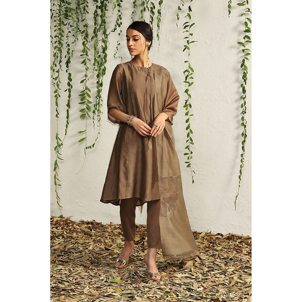 Charkhee Ginger Chanderi Tie-Up Kurta with Pants and Dupatta (Set of 3)