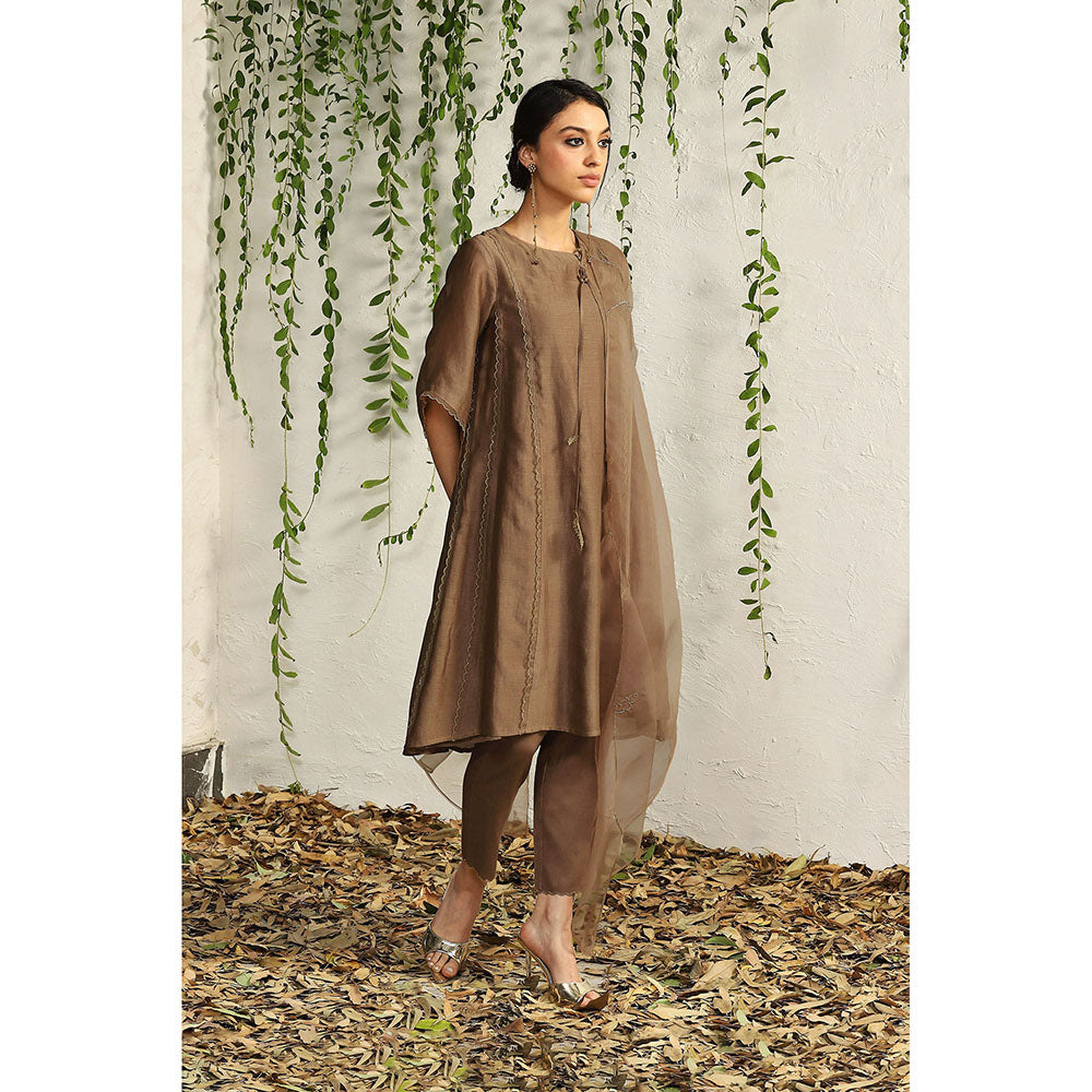 Charkhee Ginger Chanderi Tie-Up Kurta with Pants and Dupatta (Set of 3)