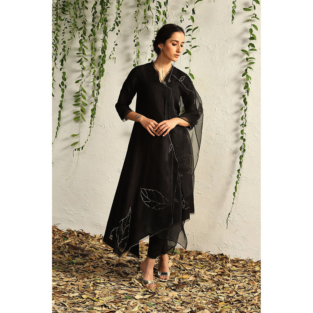 Charkhee Black Chanderi Asymmetrical Kurta with Pants and Dupatta (Set of 3)
