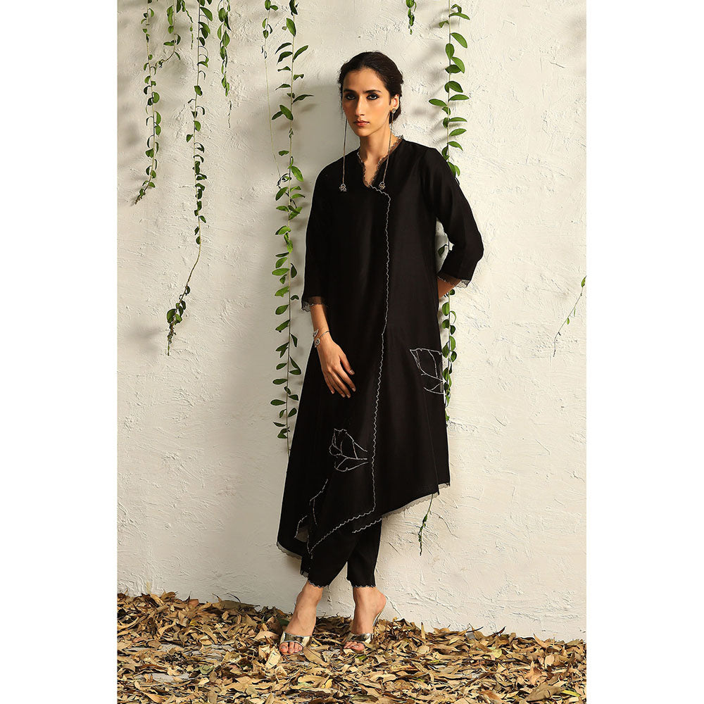 Charkhee Black Chanderi Asymmetrical Kurta with Pants and Dupatta (Set of 3)