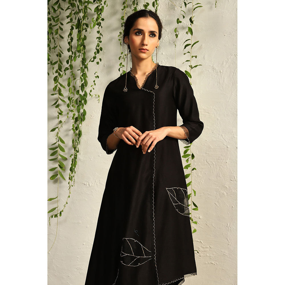 Charkhee Black Chanderi Asymmetrical Kurta with Pants and Dupatta (Set of 3)