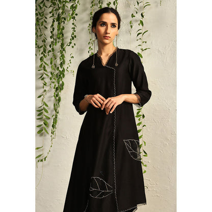 Charkhee Black Chanderi Asymmetrical Kurta with Pants and Dupatta (Set of 3)