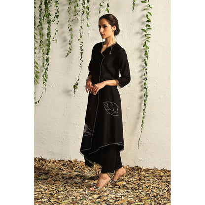Charkhee Black Chanderi Asymmetrical Kurta with Pants and Dupatta (Set of 3)