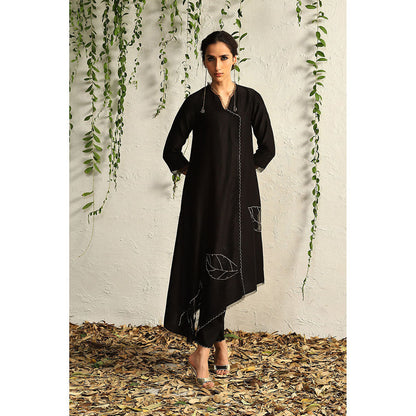 Charkhee Black Chanderi Asymmetrical Kurta with Pants and Dupatta (Set of 3)