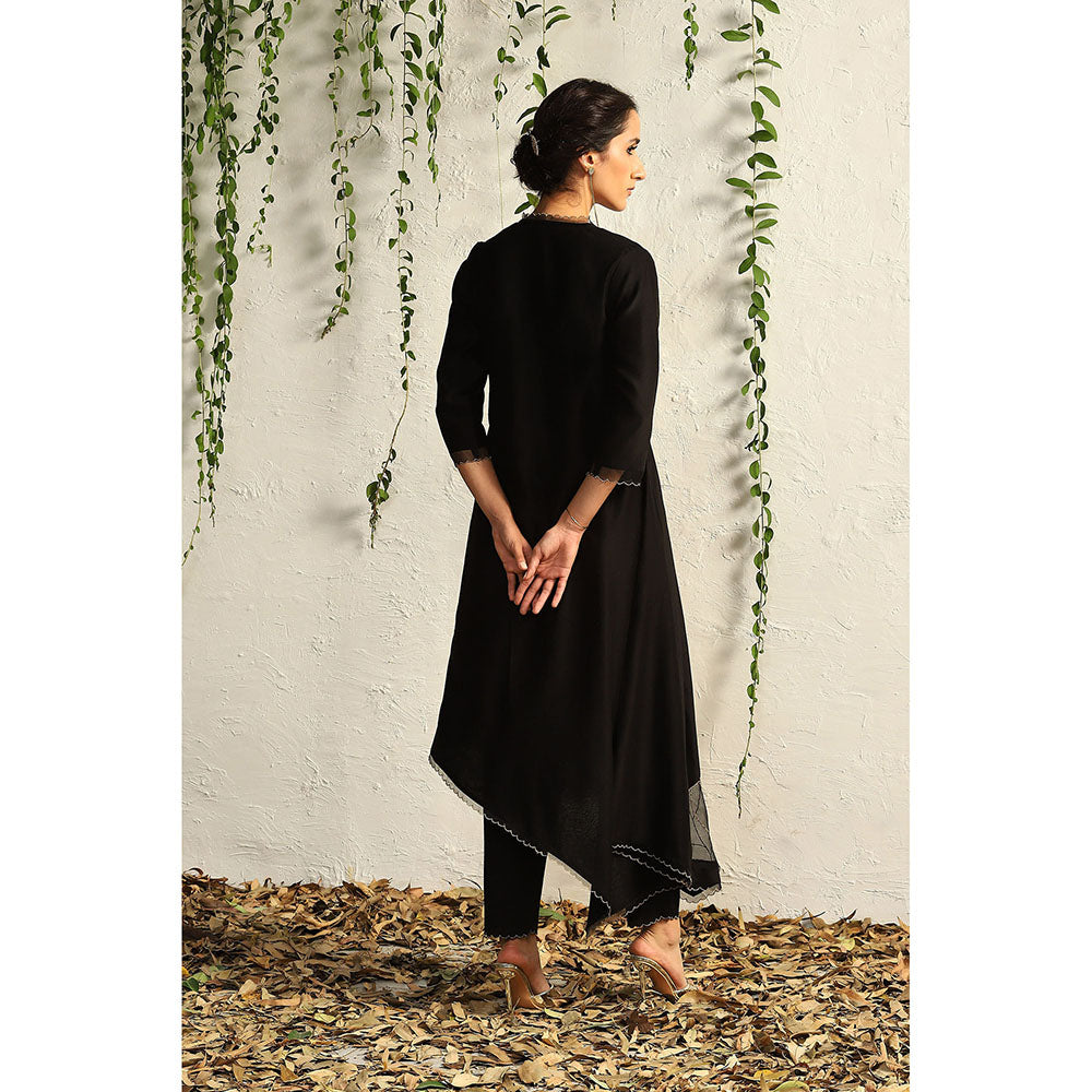 Charkhee Black Chanderi Asymmetrical Kurta with Pants and Dupatta (Set of 3)