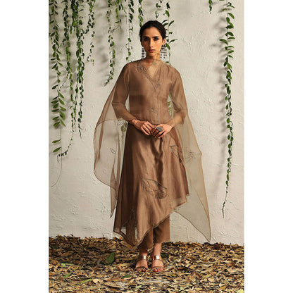 Charkhee Ginger Chanderi Asymmetrical Kurta with Pants and Dupatta (Set of 3)
