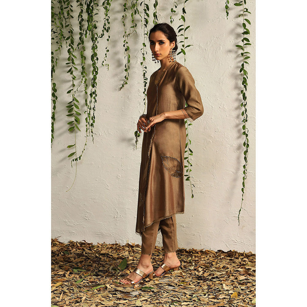 Charkhee Ginger Chanderi Asymmetrical Kurta with Pants and Dupatta (Set of 3)