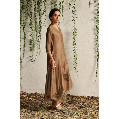 Charkhee Ginger Chanderi Asymmetrical Kurta with Pants and Dupatta (Set of 3)