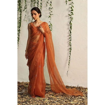 Charkhee Spice Orange Organza Naskhi Saree with Stitched Blouse