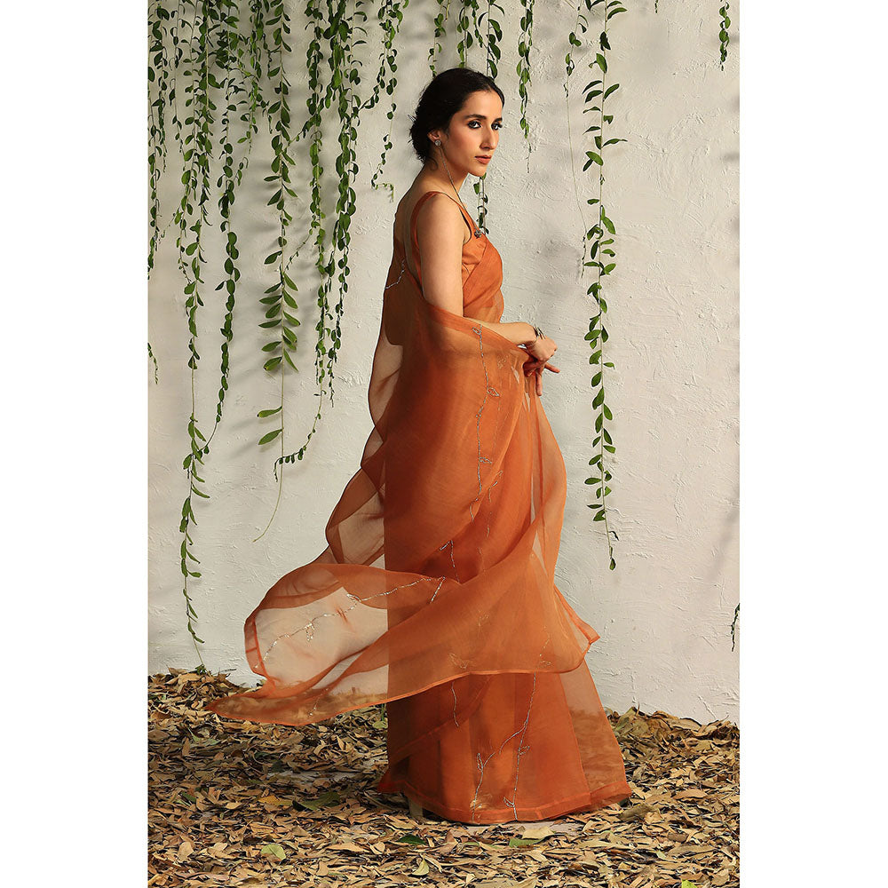 Charkhee Spice Orange Organza Naskhi Saree with Stitched Blouse