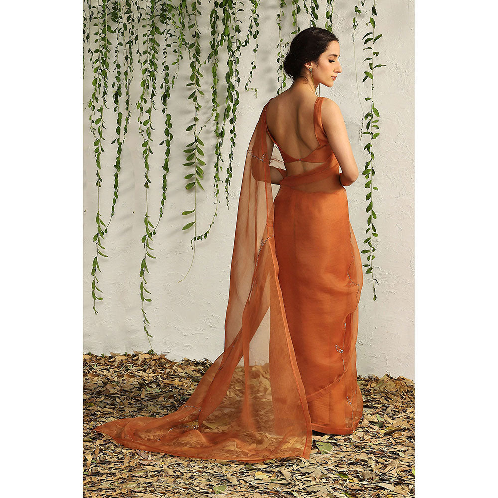 Charkhee Spice Orange Organza Naskhi Saree with Stitched Blouse