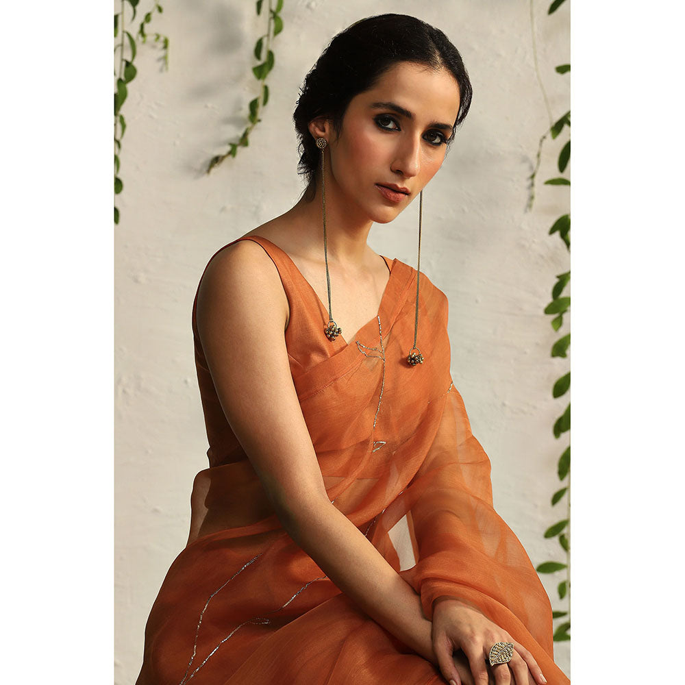 Charkhee Spice Orange Organza Naskhi Saree with Stitched Blouse