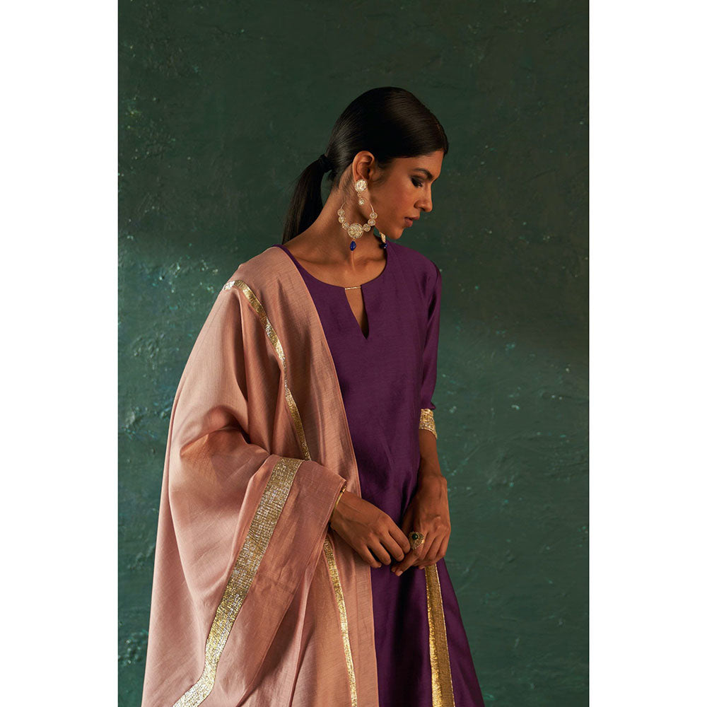 Charkhee Midas Purple Chander Kurta with Pant & Dupatta (Set of 3)