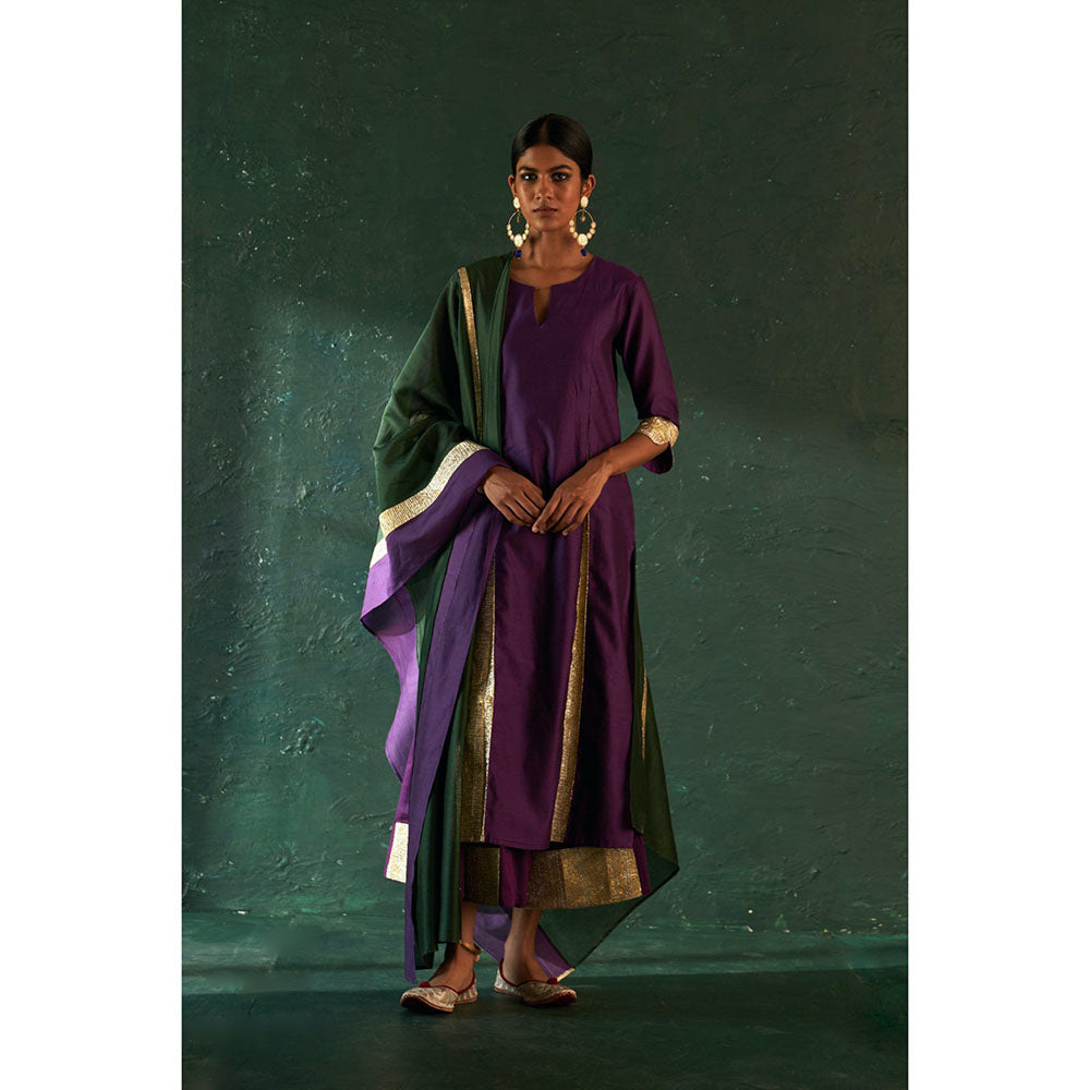 Charkhee Midas Purple Chander Kurta with Pant & Dupatta (Set of 3)