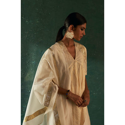 Charkhee Midas Ivory Tissue Stripe Kurta with Pant & Dupatta (Set of 3)