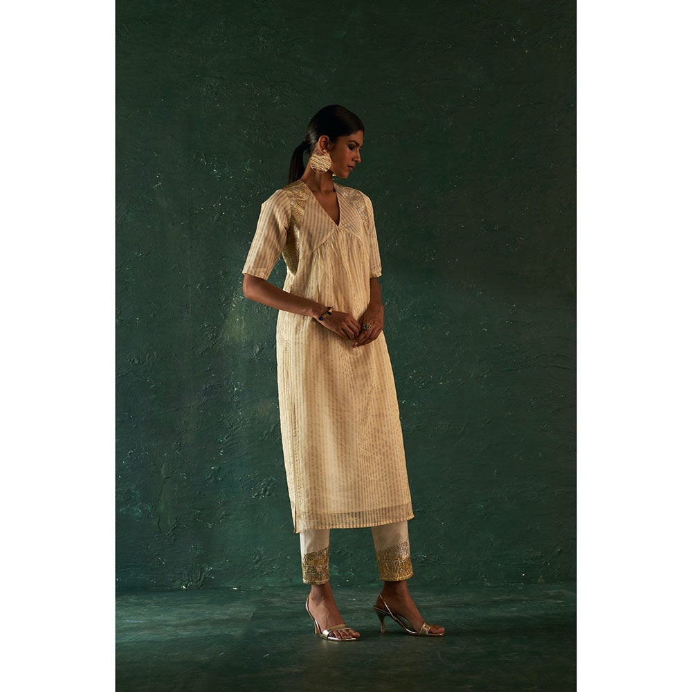 Charkhee Midas Ivory Tissue Stripe Kurta with Pant & Dupatta (Set of 3)