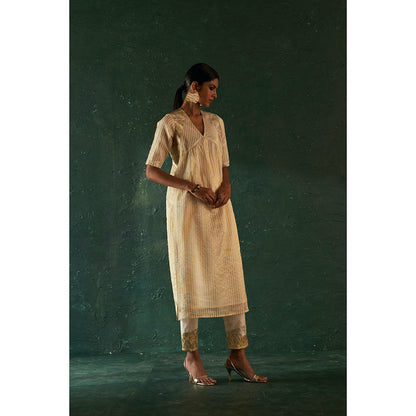 Charkhee Midas Ivory Tissue Stripe Kurta with Pant & Dupatta (Set of 3)
