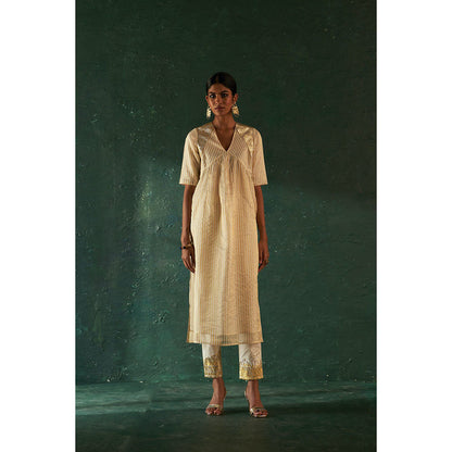 Charkhee Midas Ivory Tissue Stripe Kurta with Pant & Dupatta (Set of 3)