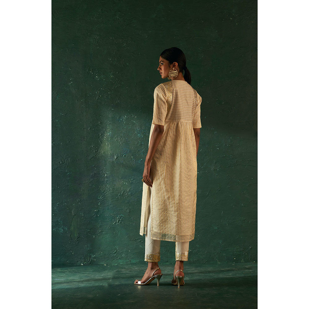Charkhee Midas Ivory Tissue Stripe Kurta with Pant & Dupatta (Set of 3)
