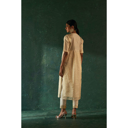Charkhee Midas Ivory Tissue Stripe Kurta with Pant & Dupatta (Set of 3)