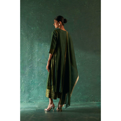 Charkhee Midas Deep Green Chander Kurta with Pant & Dupatta (Set of 3)