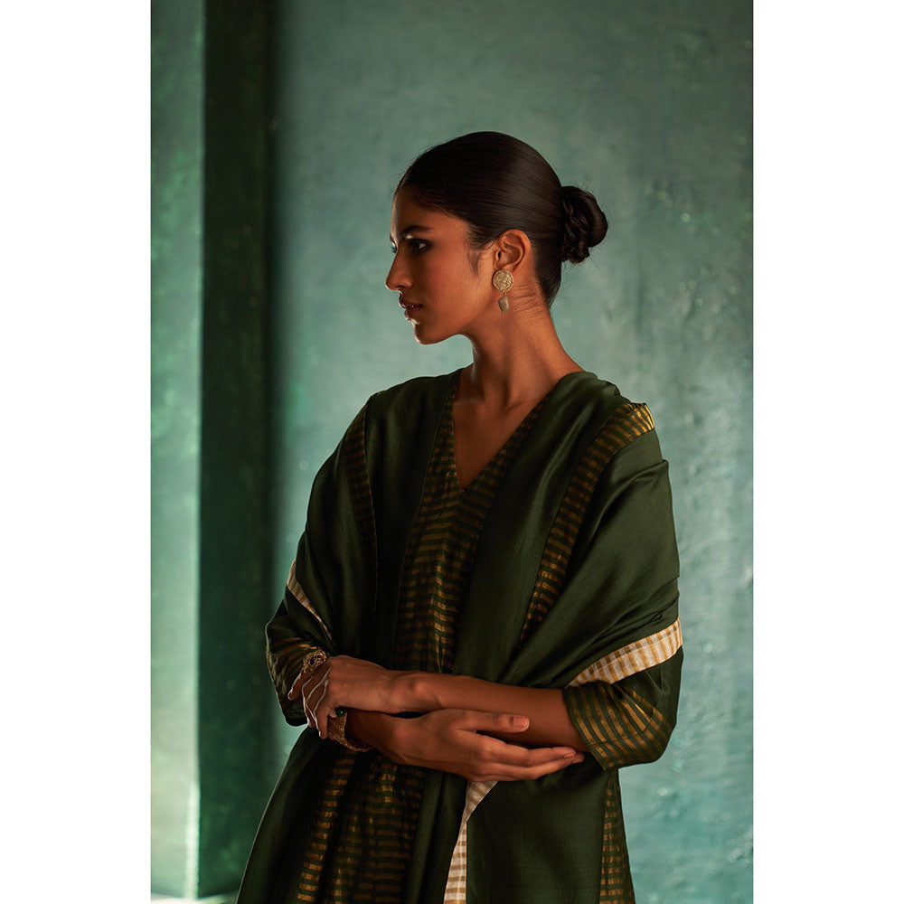 Charkhee Midas Deep Green Chander Kurta with Pant & Dupatta (Set of 3)