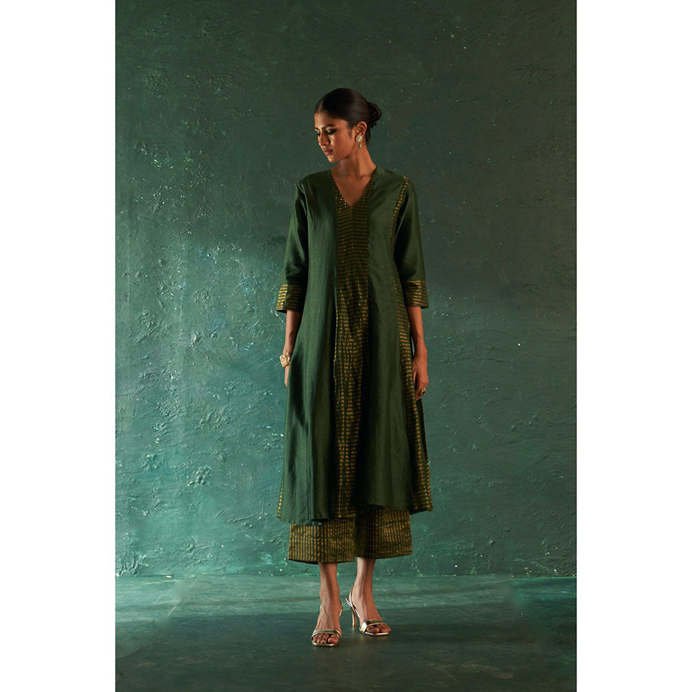 Charkhee Midas Deep Green Chander Kurta with Pant & Dupatta (Set of 3)