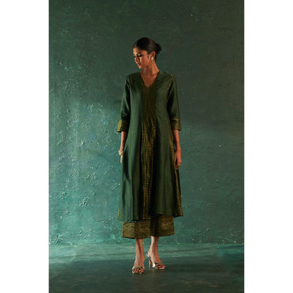 Charkhee Midas Deep Green Chander Kurta with Pant & Dupatta (Set of 3)