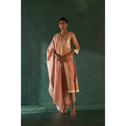 Charkhee Midas Old Rose Tissue Stripes Kurta with Pant & Dupatta (Set of 3)