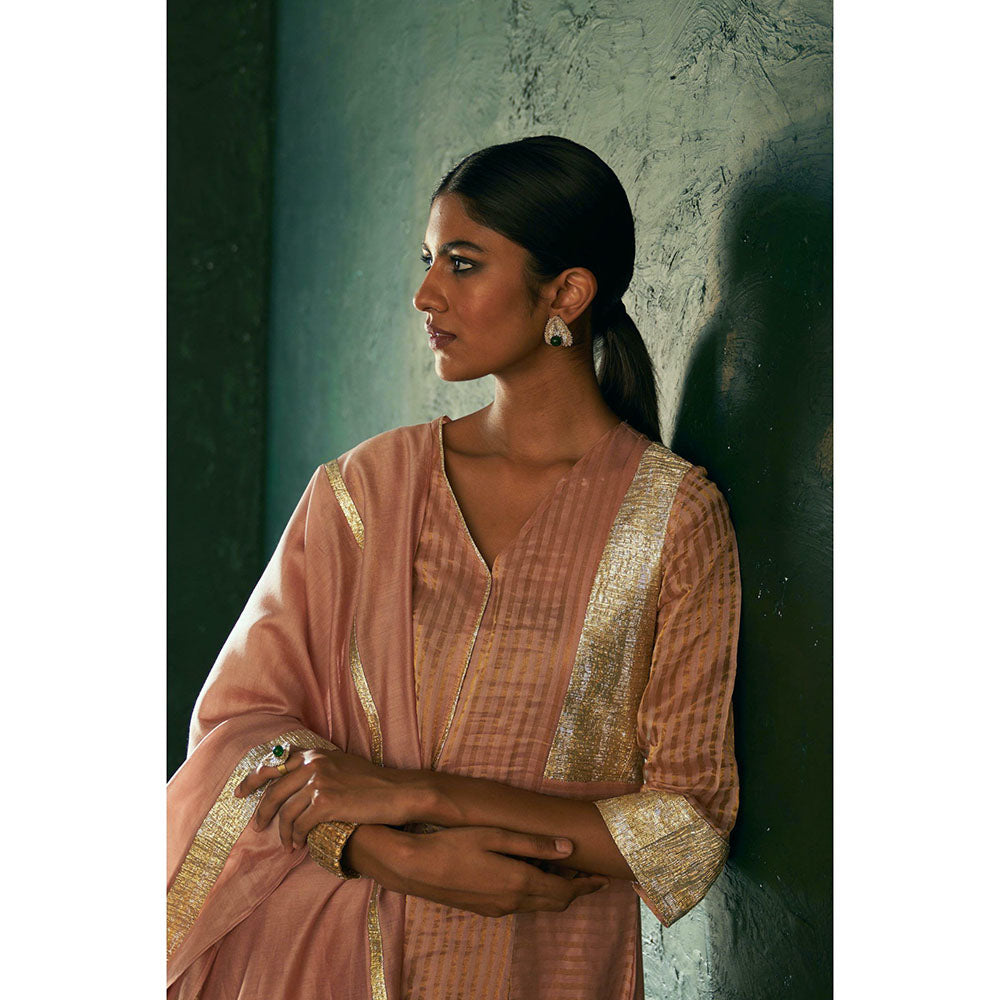Charkhee Midas Old Rose Tissue Stripes Kurta with Pant & Dupatta (Set of 3)