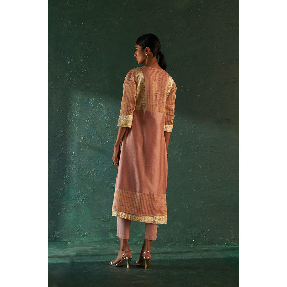 Charkhee Midas Old Rose Tissue Stripes Kurta with Pant & Dupatta (Set of 3)