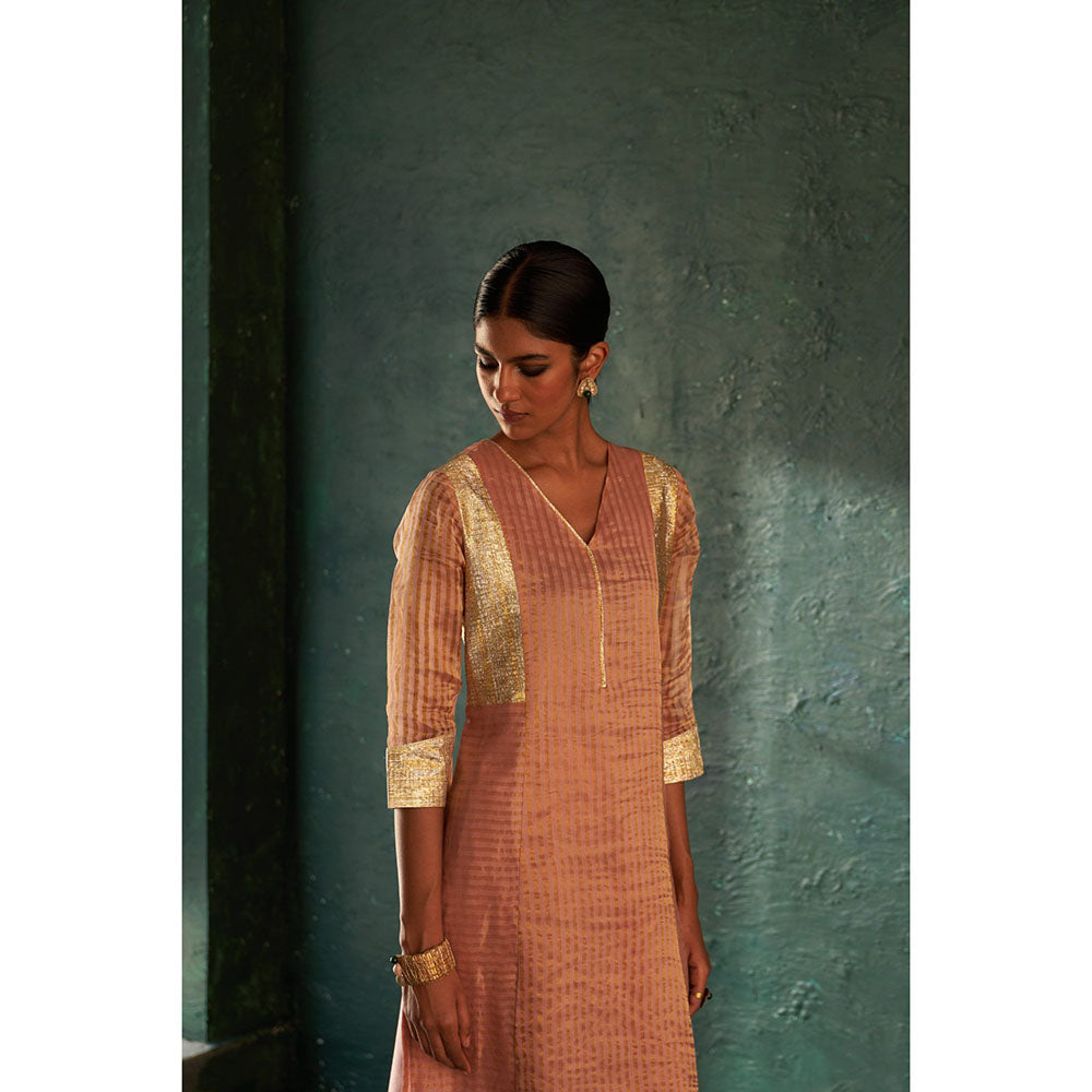 Charkhee Midas Old Rose Tissue Stripes Kurta with Pant & Dupatta (Set of 3)