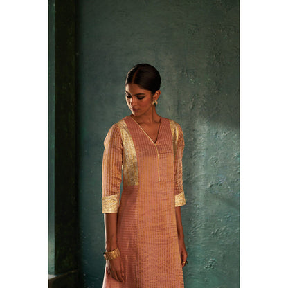 Charkhee Midas Old Rose Tissue Stripes Kurta with Pant & Dupatta (Set of 3)