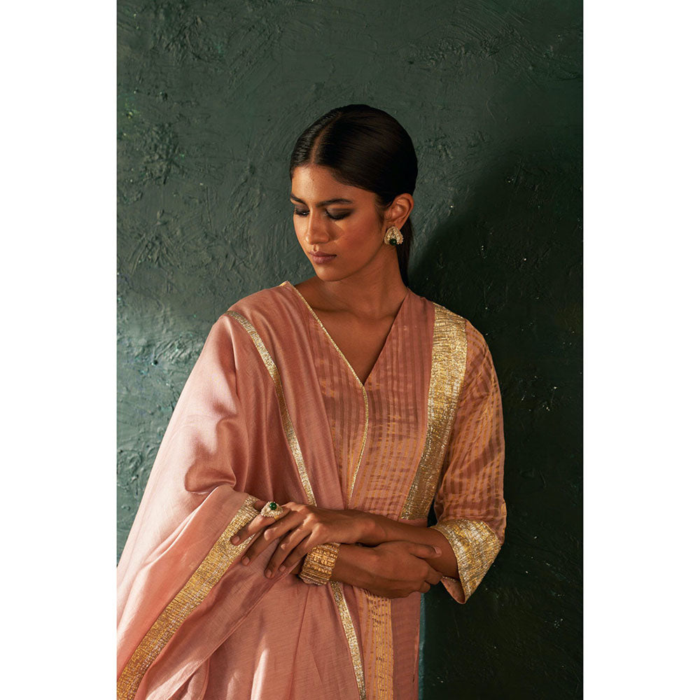 Charkhee Midas Old Rose Tissue Stripes Kurta with Pant & Dupatta (Set of 3)
