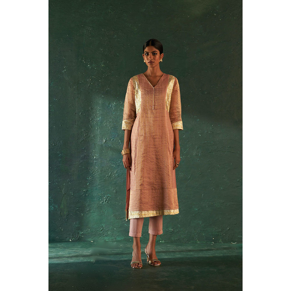 Charkhee Midas Old Rose Tissue Stripes Kurta with Pant & Dupatta (Set of 3)