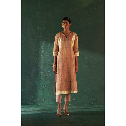 Charkhee Midas Old Rose Tissue Stripes Kurta with Pant & Dupatta (Set of 3)