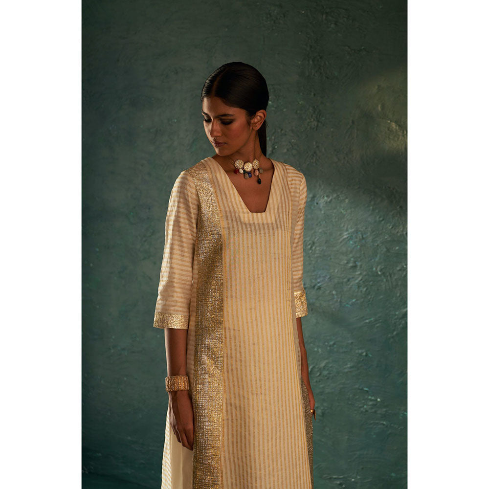 Charkhee Midas Ivory Stripe Kurta with Pant & Dupatta (Set of 3)